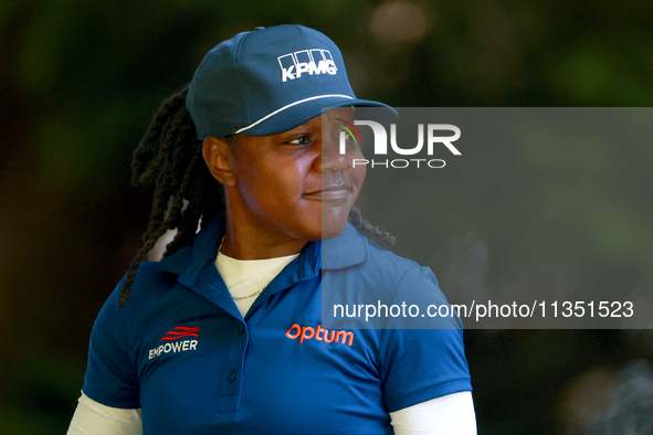 Mariah Stackhouse of Riverdale, Georgia looks from the 16th tee during the second round of the KPMG Women's PGA Championship at Sahalee Coun...