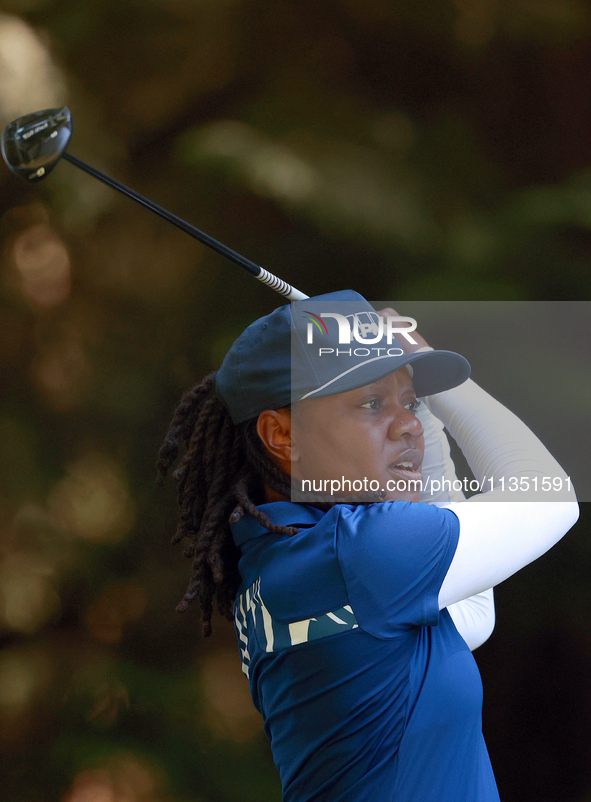 Mariah Stackhouse of Riverdale, Georgia looks from the 16th tee during the second round of the KPMG Women's PGA Championship at Sahalee Coun...