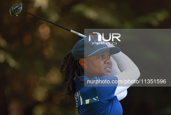 Mariah Stackhouse of Riverdale, Georgia hits from the 16th tee during the second round of the KPMG Women's PGA Championship at Sahalee Count...