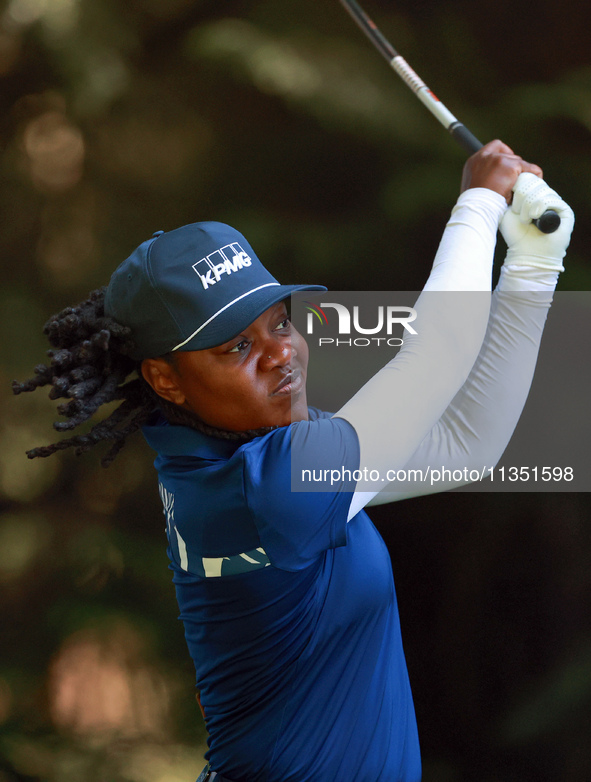 Mariah Stackhouse of Riverdale, Georgia hits from the 16th tee during the second round of the KPMG Women's PGA Championship at Sahalee Count...