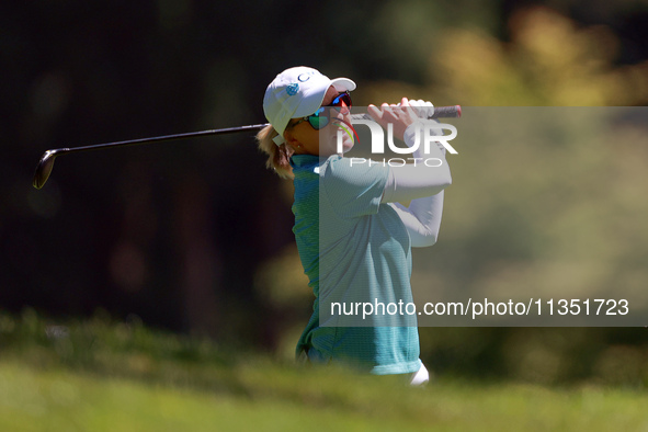 Sarah Kemp of Australia hits on the 18th fairway during the second round of the KPMG Women's PGA Championship at Sahalee Country Club on Fri...