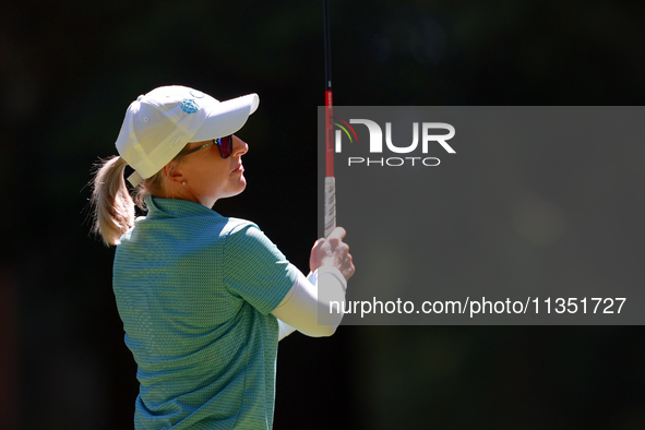 Sarah Kemp of Australia hits on the 18th fairway during the second round of the KPMG Women's PGA Championship at Sahalee Country Club on Fri...