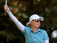 Sarah Kemp of Australia gestures after hitting on the 16th tee during the second round of the KPMG Women's PGA Championship at Sahalee Count...