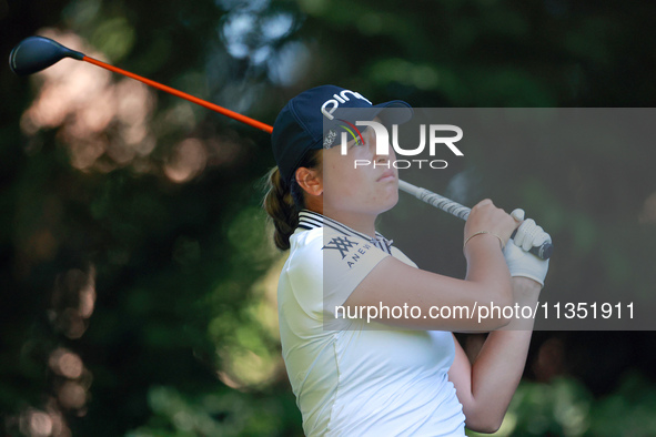 Malia Kim of Kailua, Hawaii hits from the 16th tee during the second round of the KPMG Women's PGA Championship at Sahalee Country Club on F...