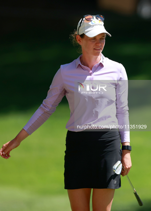 Sarah Schmelzel of Phoenix, Arizona gestures after hitting on the 18th fairway during the second round of the KPMG Women's PGA Championship...