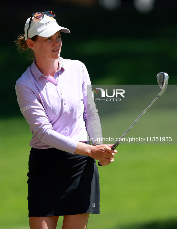 Sarah Schmelzel of Phoenix, Arizona hits on the 18th fairway during the second round of the KPMG Women's PGA Championship at Sahalee Country...