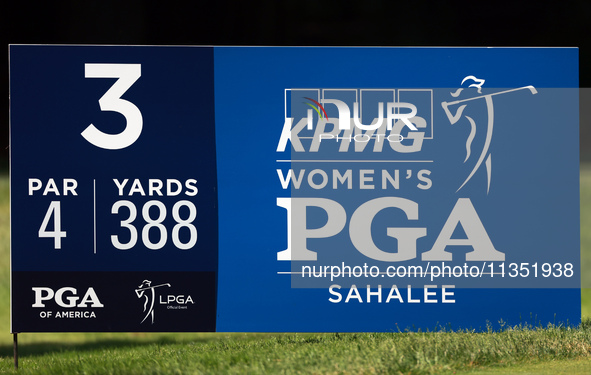 The yardage sign for the third hole is displayed during the second round of the KPMG Women's PGA Championship at Sahalee Country Club on Fri...