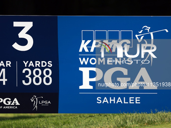 The yardage sign for the third hole is displayed during the second round of the KPMG Women's PGA Championship at Sahalee Country Club on Fri...