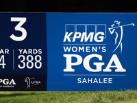 The yardage sign for the third hole is displayed during the second round of the KPMG Women's PGA Championship at Sahalee Country Club on Fri...