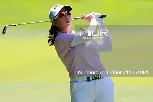 Ruoning Yin of China hits from the 3rd fairway during the second round of the KPMG Women's PGA Championship at Sahalee Country Club on Frida...