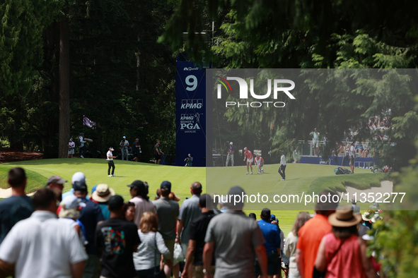 Lexi Thompson of the United States lines up her putt on the 9th green during Day Three of the KPMG Women's PGA Championship at Sahalee Count...