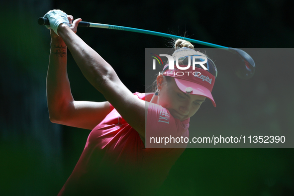 Lexi Thompson of the United States tees off on the second hole during Day Three of the KPMG Women's PGA Championship at Sahalee Country Club...