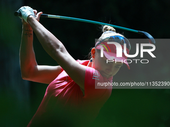 Lexi Thompson of the United States tees off on the second hole during Day Three of the KPMG Women's PGA Championship at Sahalee Country Club...