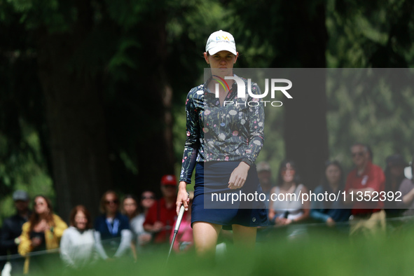 Sarah Schmelzel of the United States lines up her putt on the first green during Day Three of the KPMG Women's PGA Championship at Sahalee C...