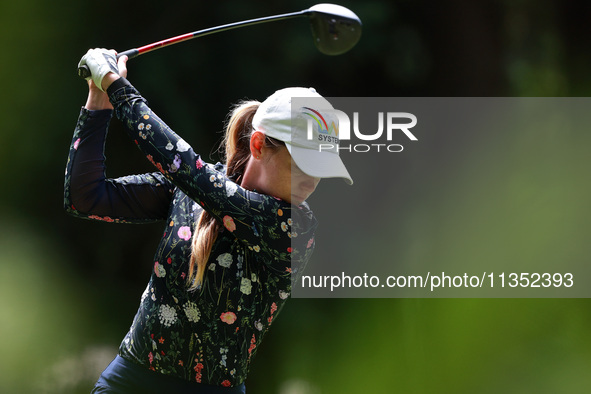 Sarah Schmelzel of the United States tees off on the second hole during Day Three of the KPMG Women's PGA Championship at Sahalee Country Cl...