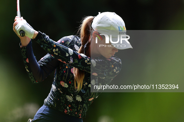 Sarah Schmelzel of the United States tees off on the second hole during Day Three of the KPMG Women's PGA Championship at Sahalee Country Cl...