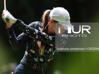 Sarah Schmelzel of the United States tees off on the second hole during Day Three of the KPMG Women's PGA Championship at Sahalee Country Cl...