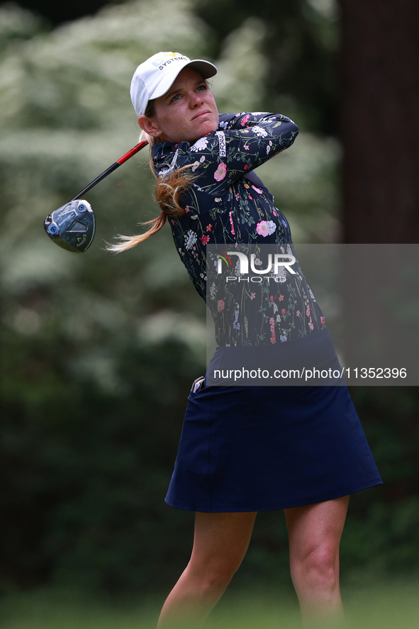 Sarah Schmelzel of the United States tees off on the third hole during Day Three of the KPMG Women's PGA Championship at Sahalee Country Clu...