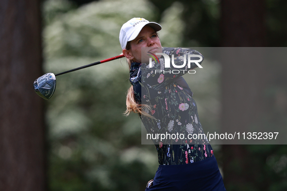 Sarah Schmelzel of the United States tees off on the third hole during Day Three of the KPMG Women's PGA Championship at Sahalee Country Clu...