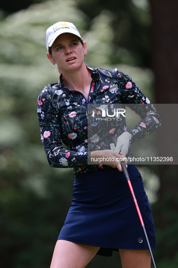 Sarah Schmelzel of the United States tees off on the third hole during Day Three of the KPMG Women's PGA Championship at Sahalee Country Clu...