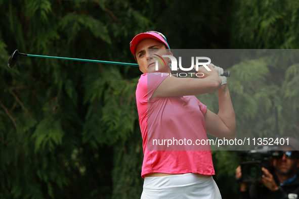 Lexi Thompson of the United States tees off on the 4th hole during Day Three of the KPMG Women's PGA Championship at Sahalee Country Club in...