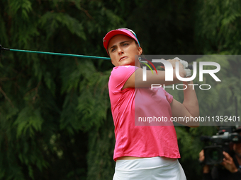 Lexi Thompson of the United States tees off on the 4th hole during Day Three of the KPMG Women's PGA Championship at Sahalee Country Club in...