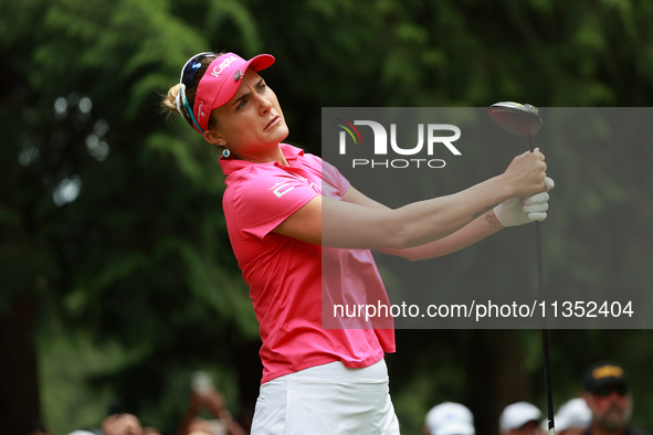 Lexi Thompson of the United States tees off on the 7th hole during Day Three of the KPMG Women's PGA Championship at Sahalee Country Club in...