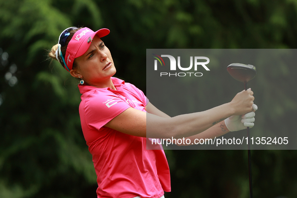 Lexi Thompson of the United States tees off on the 7th hole during Day Three of the KPMG Women's PGA Championship at Sahalee Country Club in...