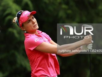 Lexi Thompson of the United States tees off on the 7th hole during Day Three of the KPMG Women's PGA Championship at Sahalee Country Club in...