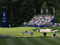 Madelene Sagstrom of Sweden (L), Leone Maguire of Ireland (center) and Miyu Yamashita of Japan (R) approach the 9th green during Day Three o...