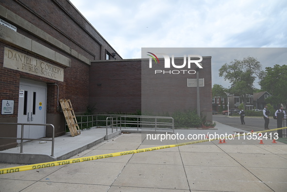 Shell casings are being located at the crime scene. A 49-year-old man is being shot and killed outside at Daniel J. Corkery Elementary Schoo...