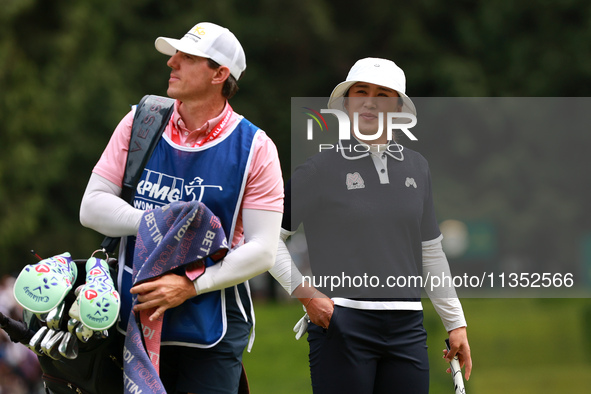 Amy Yang of Republic of Korea waits on the 9th green during Day Three of the KPMG Women's PGA Championship at Sahalee Country Club in Sammam...