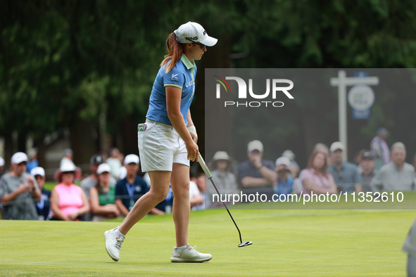 Leone Maguire of Ireland follows her putt on the 8th green during Day Three of the KPMG Women's PGA Championship at Sahalee Country Club in...