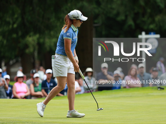 Leone Maguire of Ireland follows her putt on the 8th green during Day Three of the KPMG Women's PGA Championship at Sahalee Country Club in...