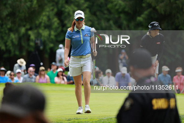 Leone Maguire of Ireland reacts to her putt on the 8th green during Day Three of the KPMG Women's PGA Championship at Sahalee Country Club i...