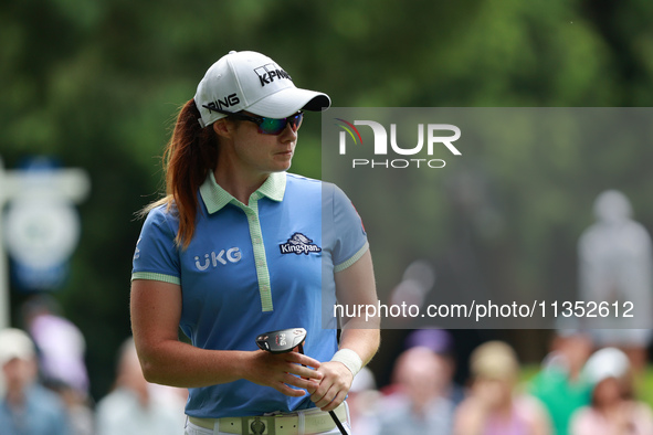 Leone Maguire of Ireland reacts to her putt on the 8th green during Day Three of the KPMG Women's PGA Championship at Sahalee Country Club i...