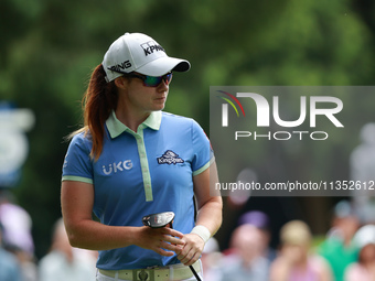 Leone Maguire of Ireland reacts to her putt on the 8th green during Day Three of the KPMG Women's PGA Championship at Sahalee Country Club i...