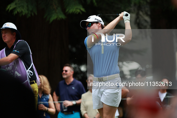 Leone Maguire of Ireland tees off on the 9th hole during Day Three of the KPMG Women's PGA Championship at Sahalee Country Club in Sammamish...