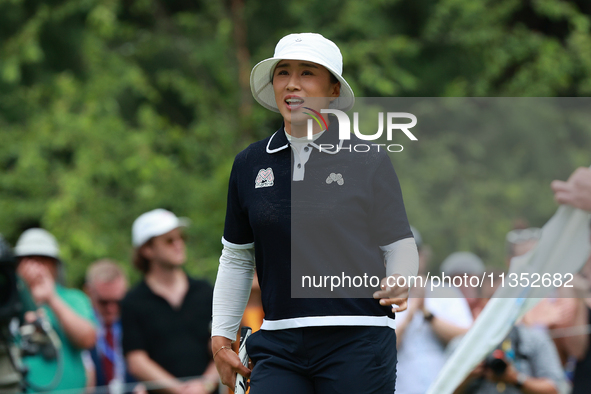 Amy Yang of Republic of Korea reacts to her putt on the 18th green during Day Three of the KPMG Women's PGA Championship at Sahalee Country...