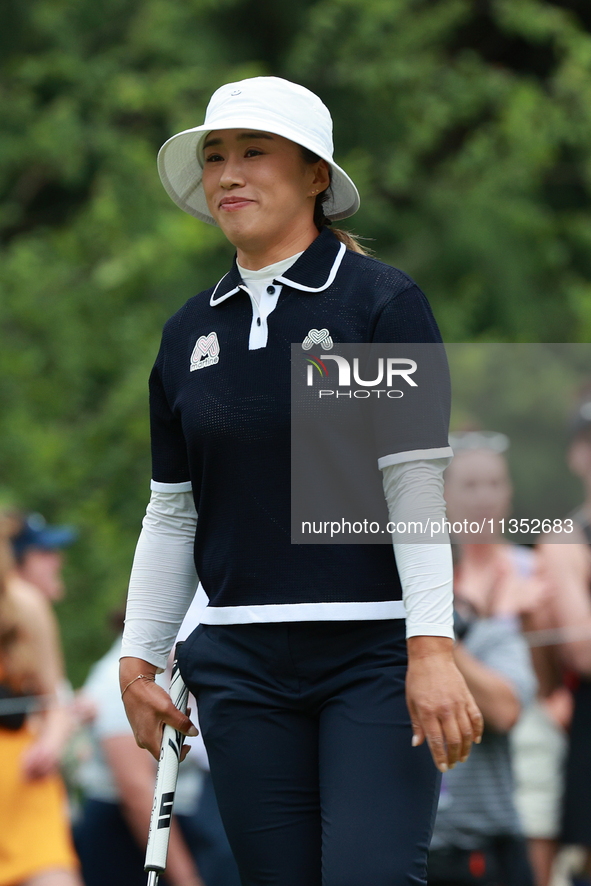 Amy Yang of Republic of Korea reacts to her putt on the 18th green during Day Three of the KPMG Women's PGA Championship at Sahalee Country...