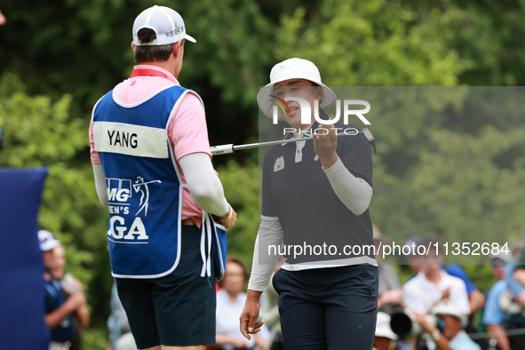 Amy Yang of Republic of Korea reacts to her putt on the 18th green during Day Three of the KPMG Women's PGA Championship at Sahalee Country...