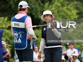 Amy Yang of Republic of Korea reacts to her putt on the 18th green during Day Three of the KPMG Women's PGA Championship at Sahalee Country...