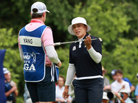 Amy Yang of Republic of Korea reacts to her putt on the 18th green during Day Three of the KPMG Women's PGA Championship at Sahalee Country...