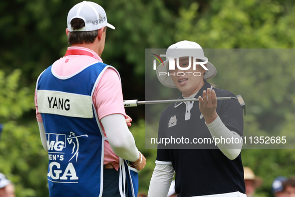 Amy Yang of Republic of Korea reacts to her putt on the 18th green during Day Three of the KPMG Women's PGA Championship at Sahalee Country...