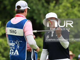 Amy Yang of Republic of Korea reacts to her putt on the 18th green during Day Three of the KPMG Women's PGA Championship at Sahalee Country...