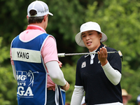 Amy Yang of Republic of Korea reacts to her putt on the 18th green during Day Three of the KPMG Women's PGA Championship at Sahalee Country...