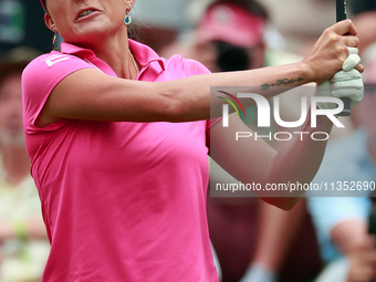 Lexi Thompson of Florida hits from the 17th tee during the third round of the KPMG Women's PGA Championship at Sahalee Country Club on Satur...