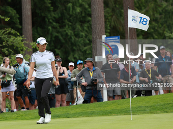 Hinako Shibuno of Japan looks over the 18th green during Day Three of the KPMG Women's PGA Championship at Sahalee Country Club in Sammamish...