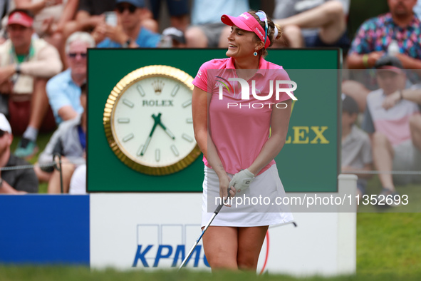 Lexi Thompson of Florida reacts to her shot from the 17th tee during the third round of the KPMG Women's PGA Championship at Sahalee Country...