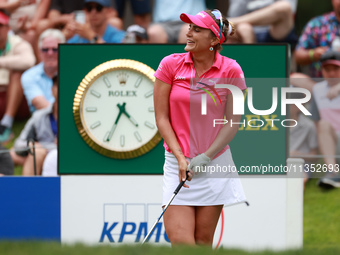 Lexi Thompson of Florida reacts to her shot from the 17th tee during the third round of the KPMG Women's PGA Championship at Sahalee Country...